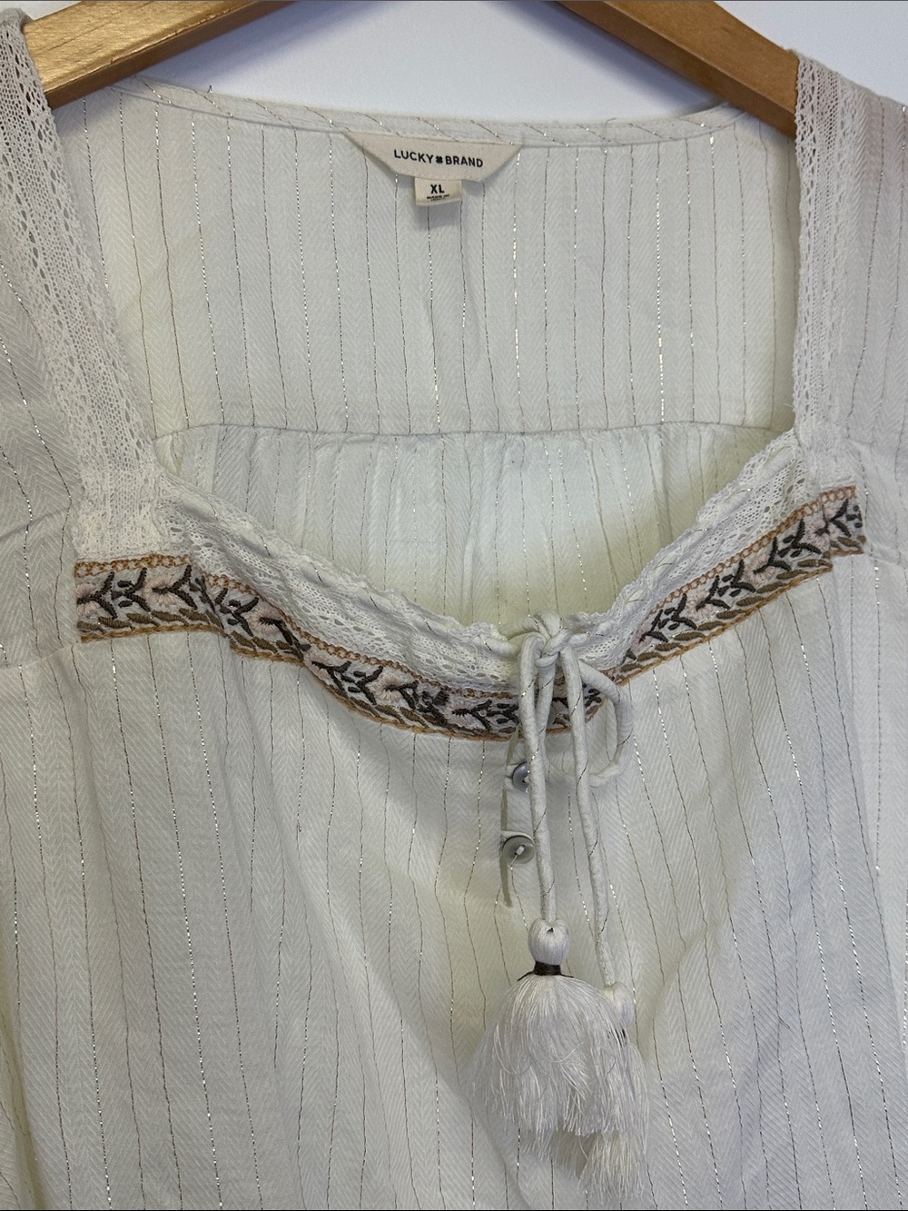 Lucky Brand Metallic Stripe Embroidered Cotton Peasant Top - Picture 3 of 6